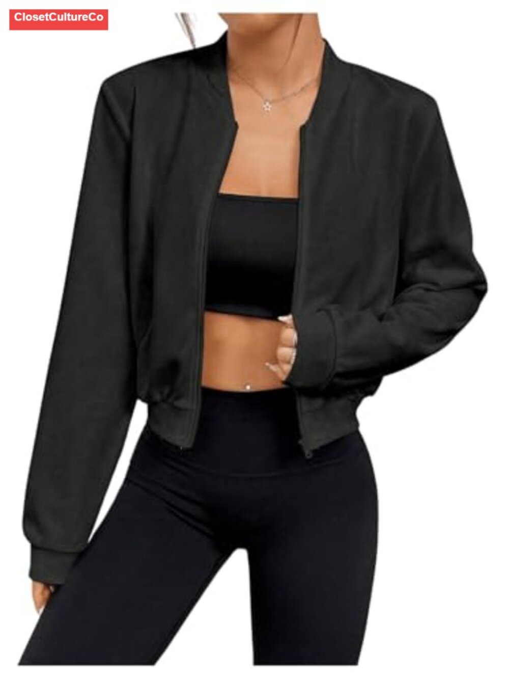 Cropped Zip Up Bomber Jacket Lightweight Casual Coat
